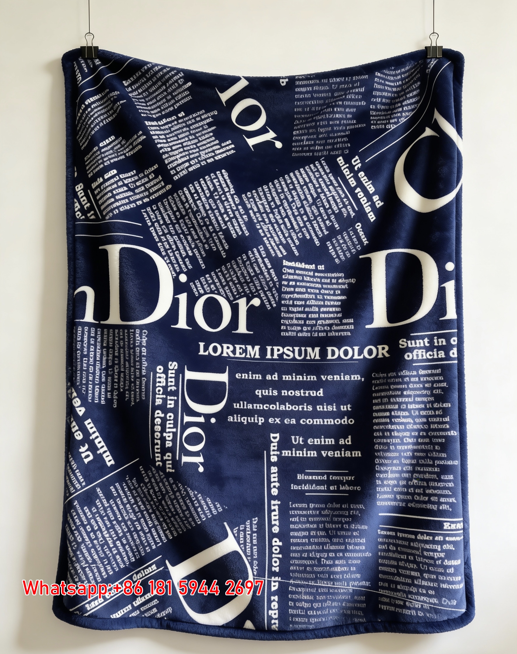 Dior Navy Newspaper Print Flannel Sofa Throw Blanket D438
